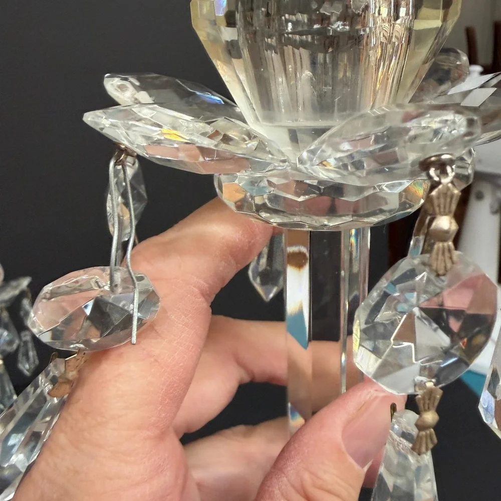 Vintage Crystal Glass Candlestick Holders Set of 2 READ Prisms Hollywood Regency